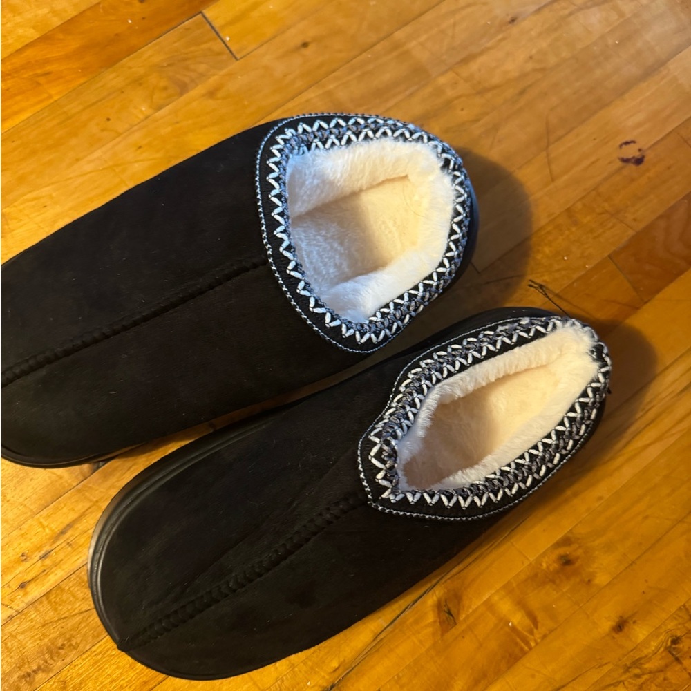 Black Slippers with White Fleece Lining